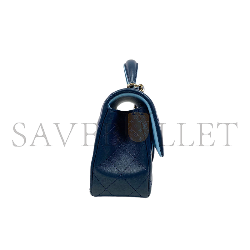 Ch*el mini top handle rectangular flap bag quilted lambskin navy and light blue 360047 (20*13*6cm)